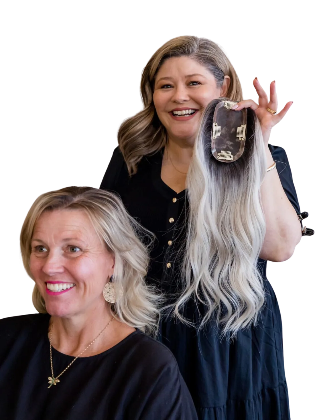 Madeleine Fisher holding a bespoke human-hair topper beside a smiling client at Solo Tú in Orange NSW
